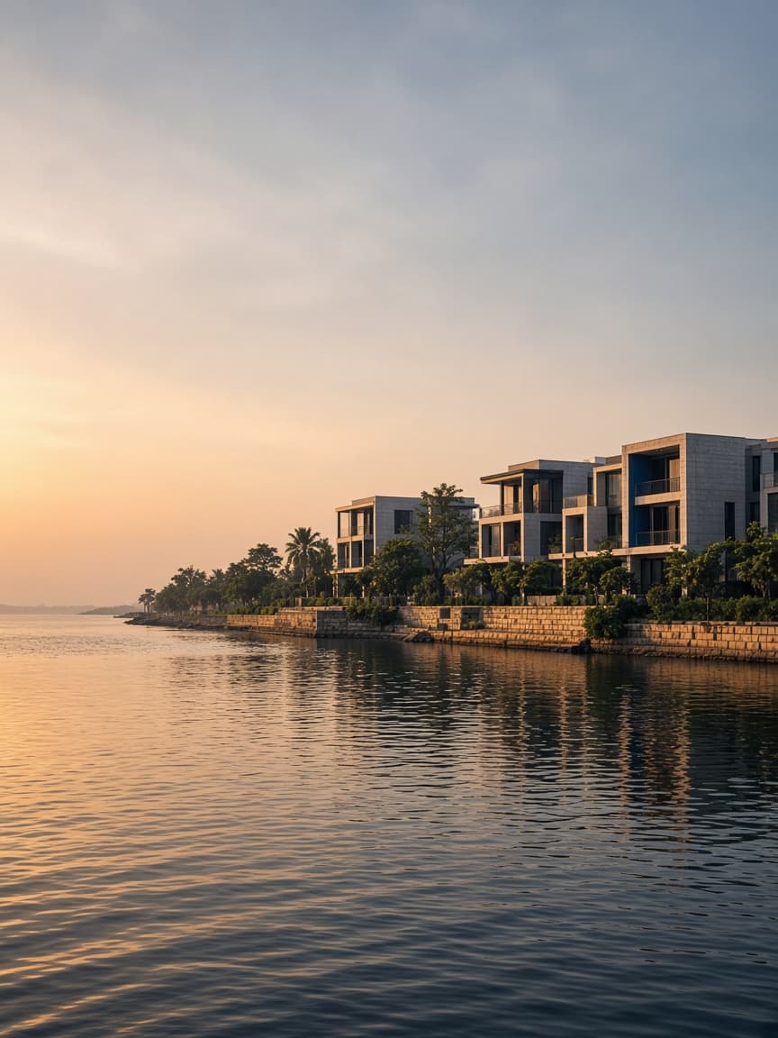 Waterfront buildings in Lagos at sunset